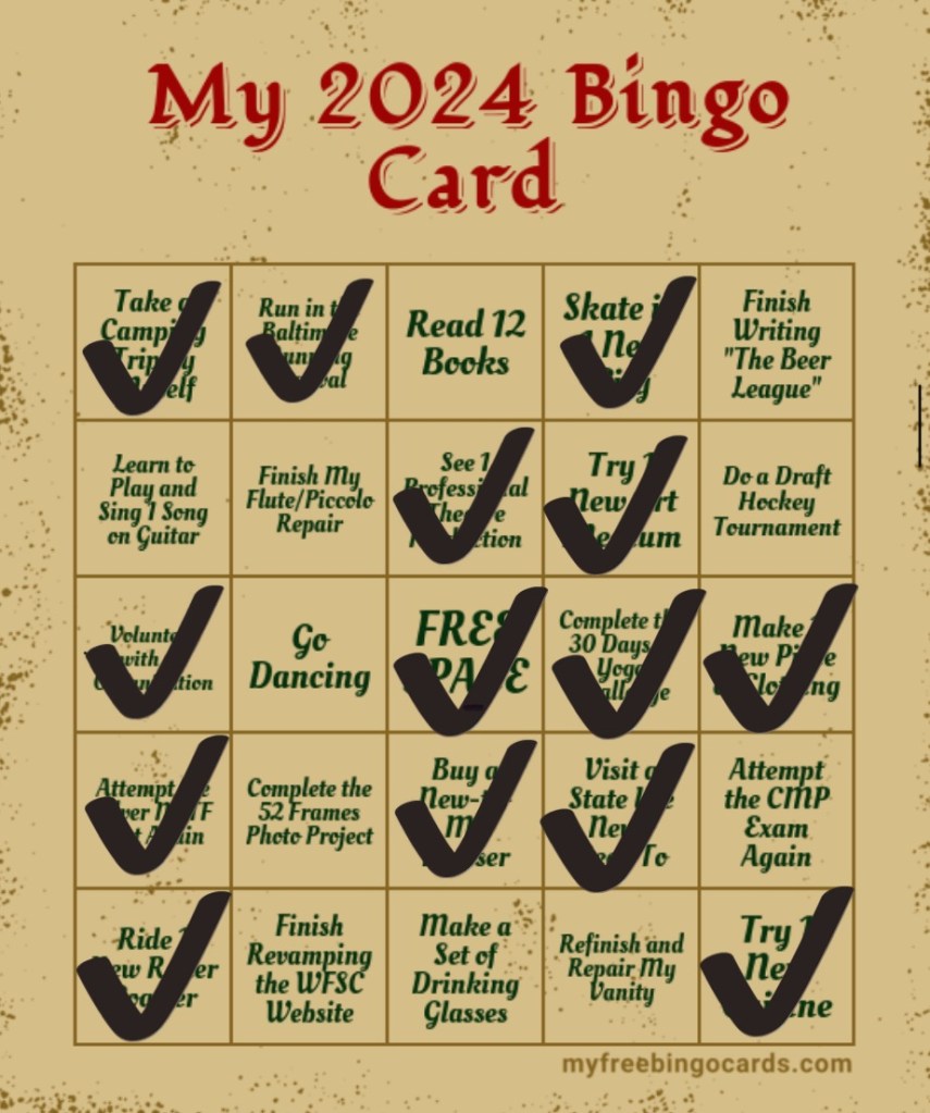 [IMAGE] Image of a Bingo Card with boxes reading Take a Camping Trip By Myself, Run in the Baltimore Running Festival, Read 12 Books, Skate in a New City, Finish Writing "The Beer League", Learn to Play and Sing 1 Song on Guitar, Finish My Flute/Piccolo Repair, See 1 Professional Theater Production, Try 1 New Art Medium, Do a Draft Hockey Tournament, Volunteer with an Organization, Go Dancing, Free Space, Complete the 30 Days of Yoga Challenge, Make 1 New Piece of Clothing, Attempt the Silver MITF Test Again, Complete the 52 Frames Photo Project, Buy a New-to-Me Dresser, Visit a State I've Never Been To, Attempt the CMP Exam Again, Ride 1 New Roller Coaster, Finish Revamping the WFSC Website, Make a Set of Drinking Glasses, Refinish and Repair My Vanity, Try 1 New Cuisine. Several are checked off.